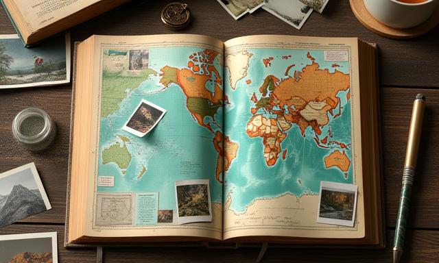 Carnet de voyage ouvert avec cartes et photos